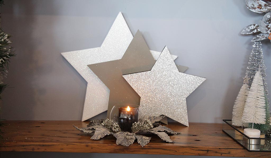 Silver Frost Christmas Plywood Craft Star Tray Set of 3 with Silver Velour Poinsettia Candle Wreath