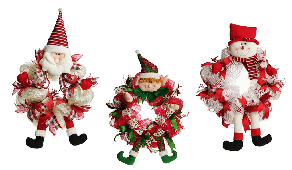 Christmas Santa Wreath DIY, Elf Wreath DIY, Snowman Wreath DIY placed in a white background