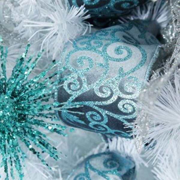 Baby Blue Flocked Swirl Wired Ribbon Placed in a Christmas Tree
