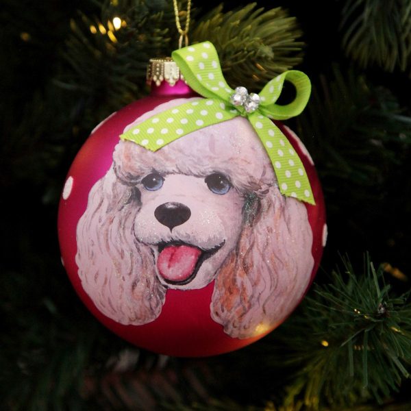Personalised Poodle Dog Hot Pink Christmas Bauble Hanging in a Christmas Tree