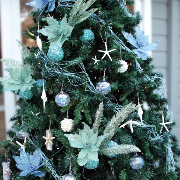 Seafoam Green Burlap Flower in a Christmas Tree outside the porch