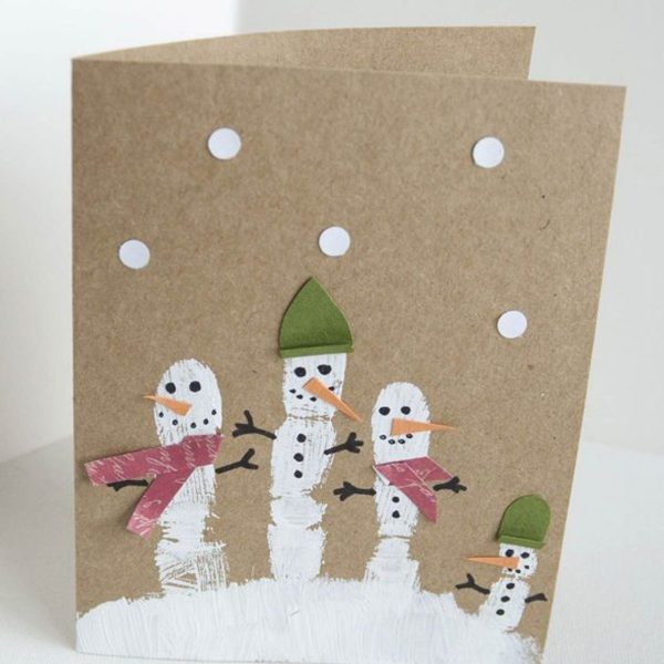 Christmas card with 4 snowman and 2 of them have hats and two of them have scarfs