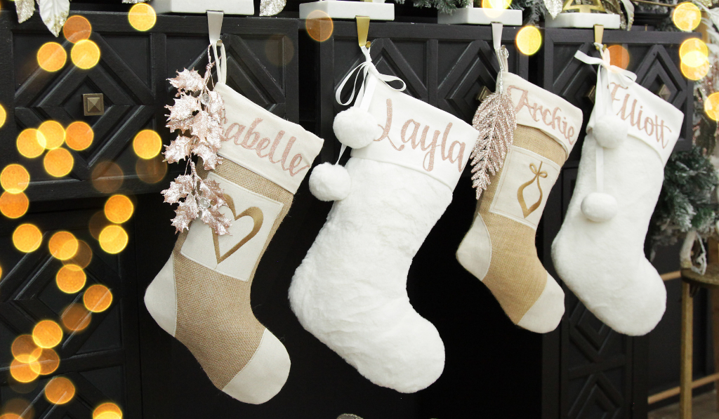 Boho Glam Christmas Personalised Burlap Bauble and Heart Stockings and Personalised White Fur Christmas Stocking with Pompoms