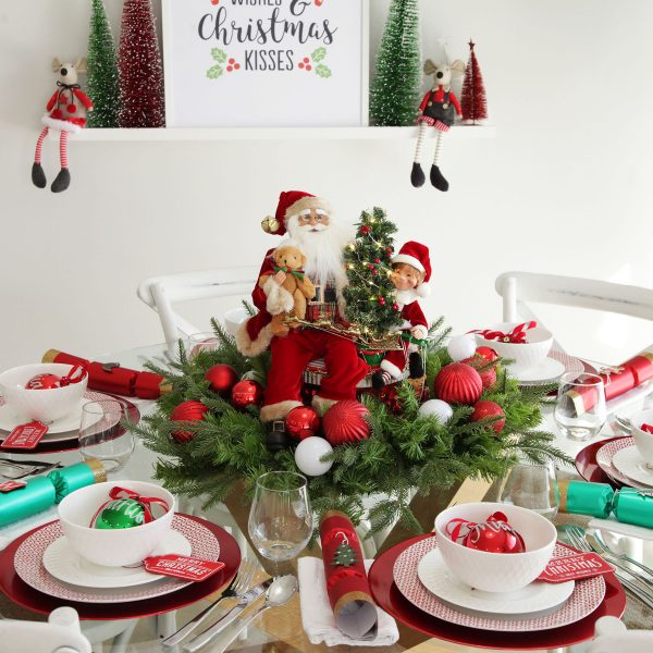 Candy Cane Christmas Dining Table Decoration with Lightup Ornament with Santa and Elf on Christmas Drum