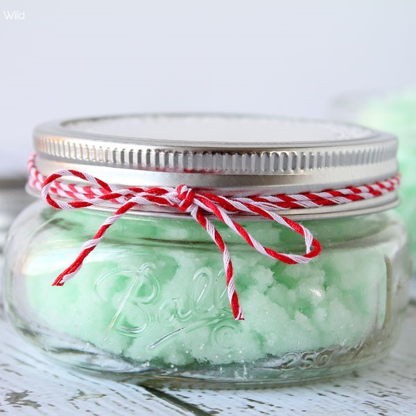 DIY Mint Sugar Scrub wrapped with red and white Twine