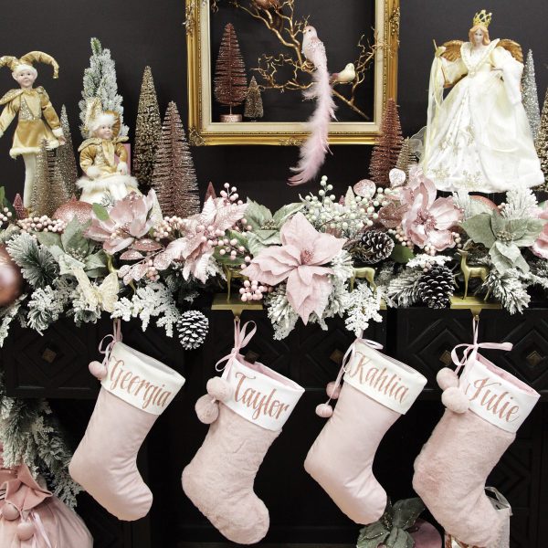Pink Christmas Dreams Mantle Personalised Pink Velvet Stockings with Pom Poms