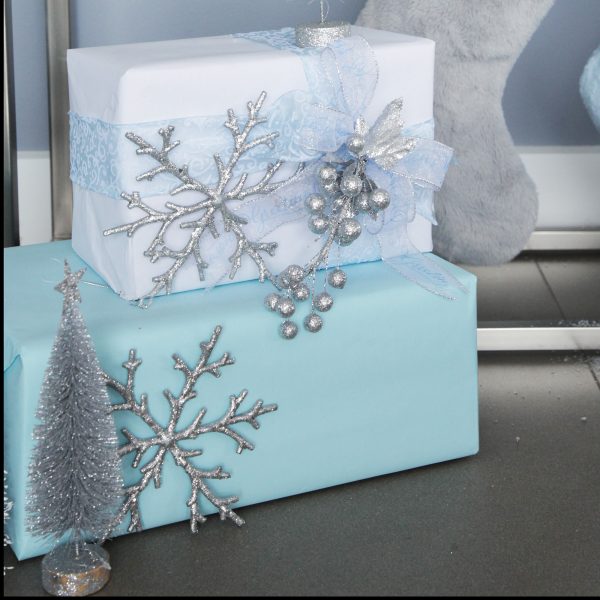 Two wrapped gifts in Blue and White Pretty Little Christmas Silver Wire Tinsel Sparking Snowflake Decor