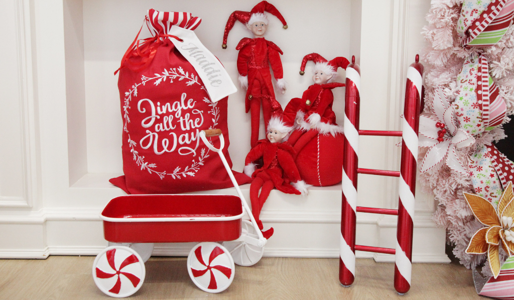 Red and White Christmas hallway decorations - The Belle Blog
