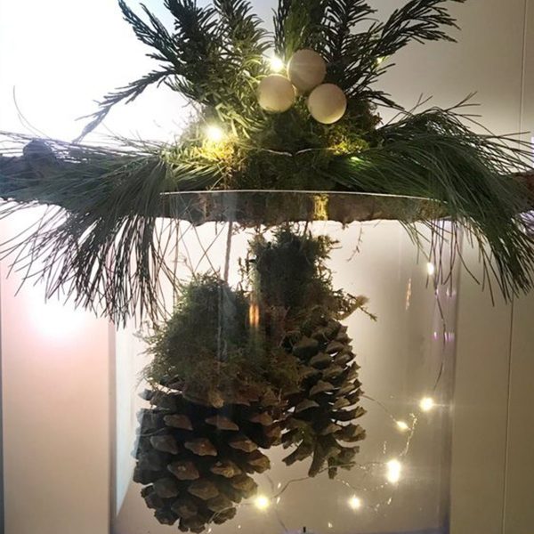 Vase centrepiece with lights and pinecone inside the vase