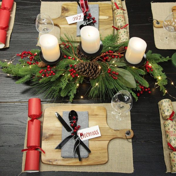 Farm Fresh Christmas Table with Candles and pinecone with string lights