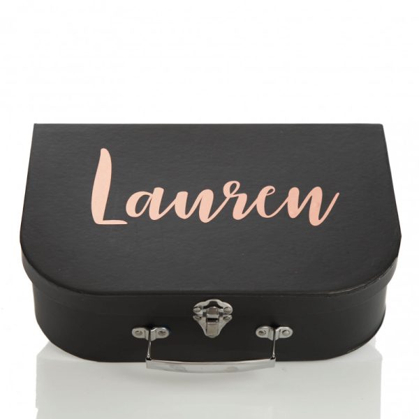 Personalised Black Suitcase Keepsake Box Top Angle Vinyl with Lauren Name added