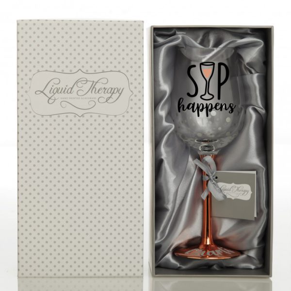 Personalised Sip Happens Rose Gold Wine Glass with Open Box
