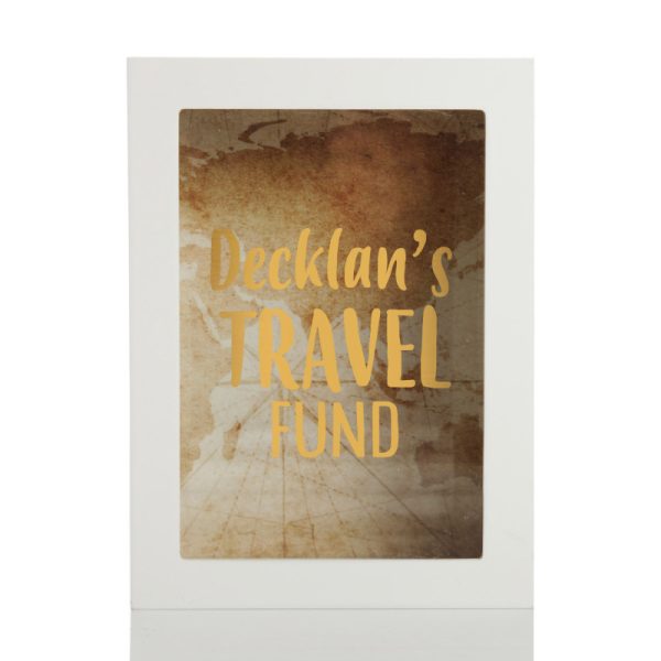 Personalised Travel Fund portrait Money Box Font - Decklans Travel Fund