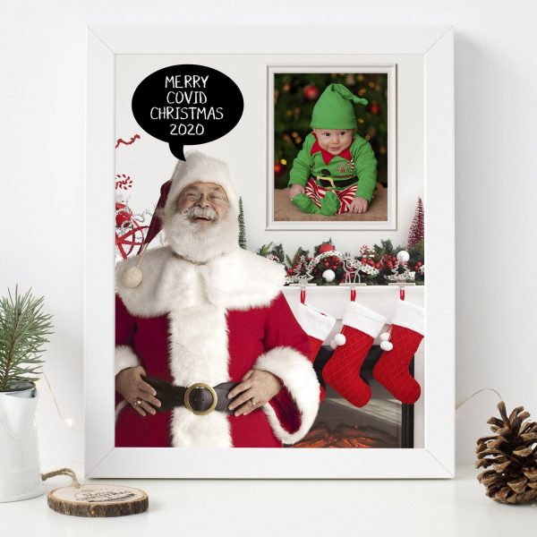 Stay at Home Santa Photo Mantle Merry Covid Christmas 2020 with a photo of a baby wearing an elf costume