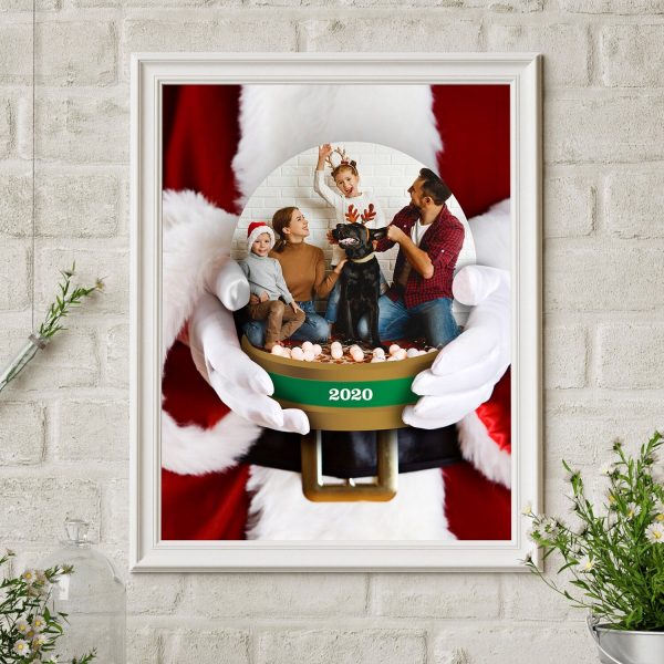 Stay at Home Santa Photo Snow Globe santa holding with the complete family picture inside and a year 2020