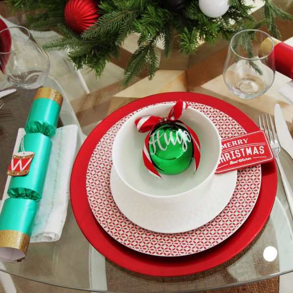 Candy Cane Christmas Dining Set with Personalised Green Shatterproof Christmas Bauble name in silver with red ribbon