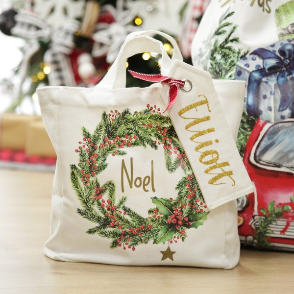 Farm Fresh Christmas Personalised Noel Christmas Wreath Tote Bag