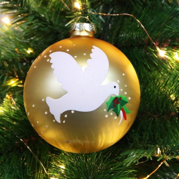 Personalised Gold Peace Doves Christmas Bauble hanging on tree name painted