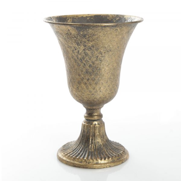 Antique Gold Metal Tall Vase Table Centrepiece Placed in a plain white background