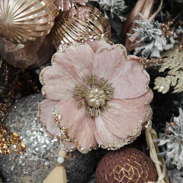 Boho Glam Christmas Baby Pink Velvet Magnolia Flower Clip with Jewel Centre