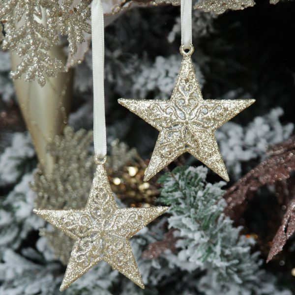Boho Glam Christmas Champagne Glitter Star Tree Decoration Set of 2