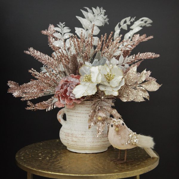 Boho Glam Christmas Floral Display Vase Pink Velvet Beaded Standing Bird