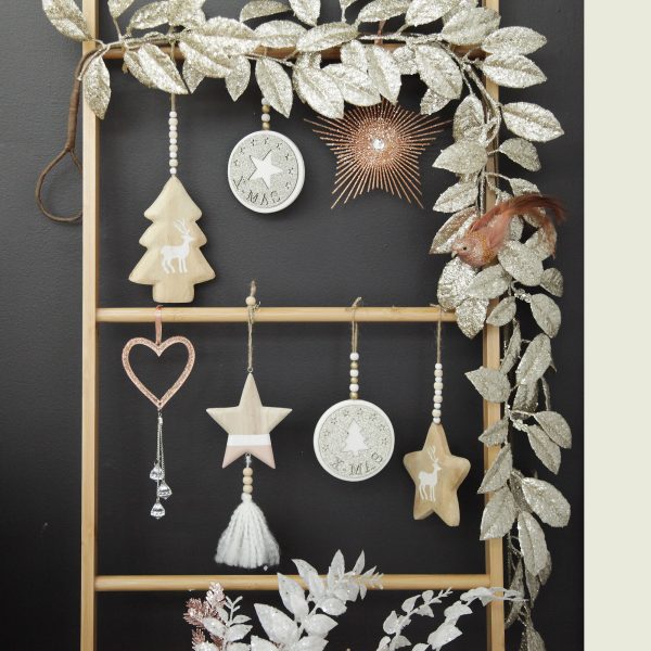 Boho Glam Christmas Hanging Decor with Wooden Star Tree and a Bird