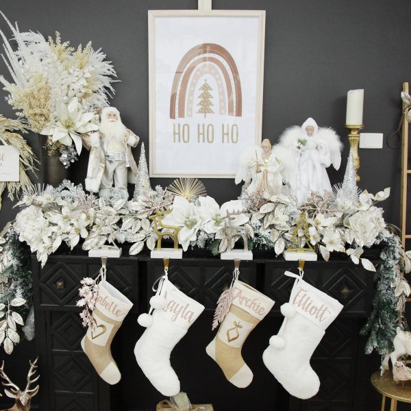 Boho Glam Christmas Mantle Square with Stockings Hanging and Floral Ornaments Ho Ho Ho Christmas Poster