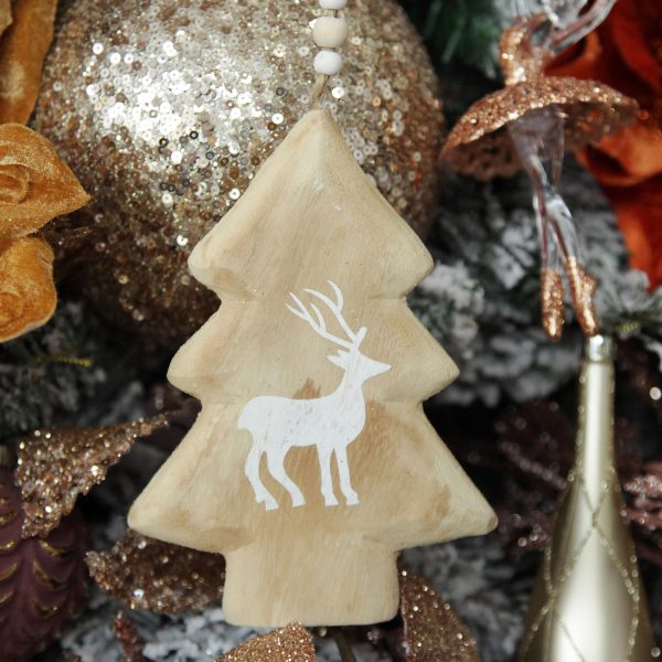Boho Glam Christmas Natural Wooden Tree with Printed Reindeer Decoration