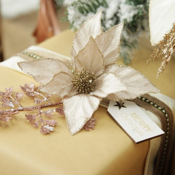 Boho Glam Christmas Present Champagne Velvet Poinsettia Flower Clip
