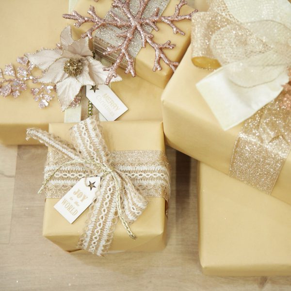 Boho Glam Christmas Golden Presents with Florals on top