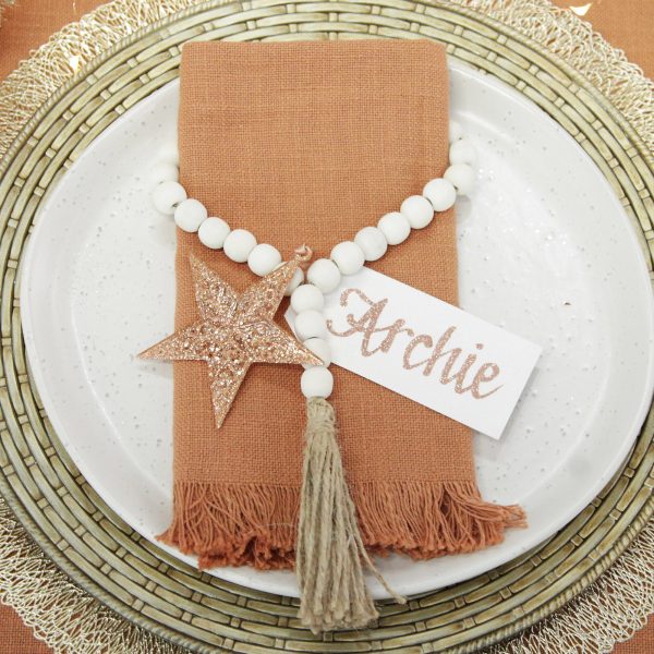 Boho Glam Christmas Table Charger Plate with Rose Gold Glitter Star Tree Decoration