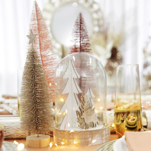Boho Glam Christmas Table Natural Wood Base Lightup Glass Cloche with Fox