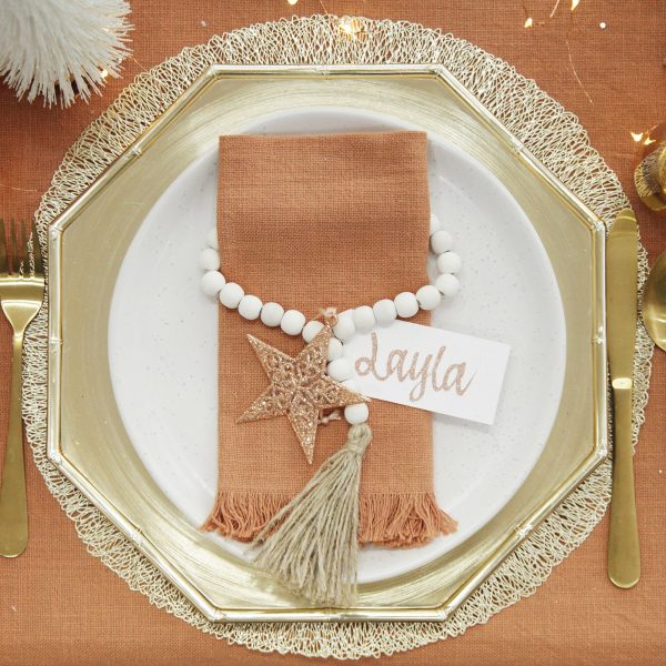 Boho Glam Chrismtas Table Personalised Gift Tags Square Cut Gold Bamboo Charger