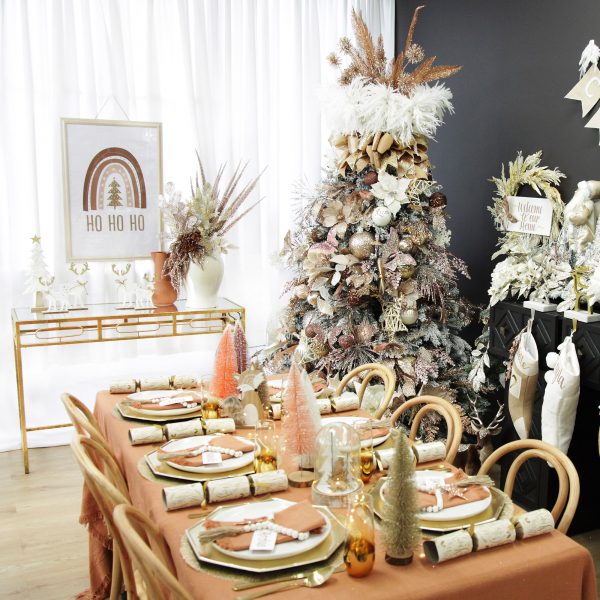 Boho Glam Christmas Wide Room Shot Pink Christmas Tree dining table with Table Ornaments