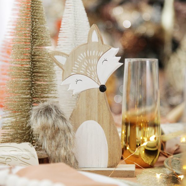 Boho Glam Christmas Wooden Fox Ornament with Bushy Taily Square