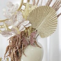 Boho Glam Christmas Rose Gold Sequin Spikey Leaf Spray with Ivory Faux Pampus Spray