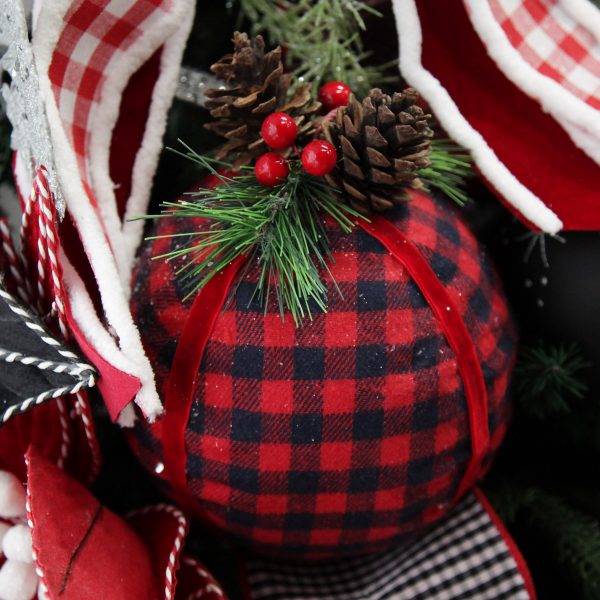 Farm Fresh Christmas Buffalo Check Bauble with Pine and Cone Topper
