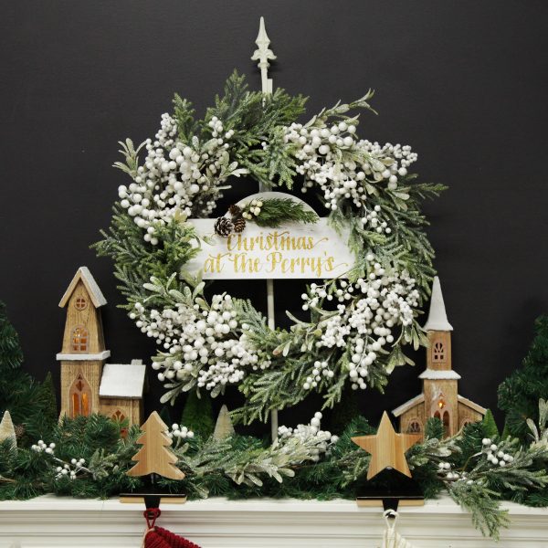 Farm Fresh Christmas Mantle White Berry and Frosted Leaf Wreath Arched Country