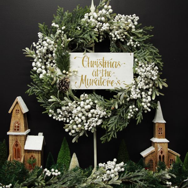 Farm Fresh Christmas Mantle White Berry and Frosted Leaf Wreath Country Plaque