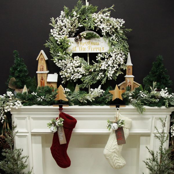 Farm Fresh Christmas Mantle White Berry and Frosted Leaf Wreath Knitted Stockings