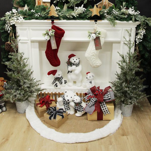 Farm Fresh Christmas Mantle Wide White Berry and Frosted Leaf Wreath Knitted Stockings