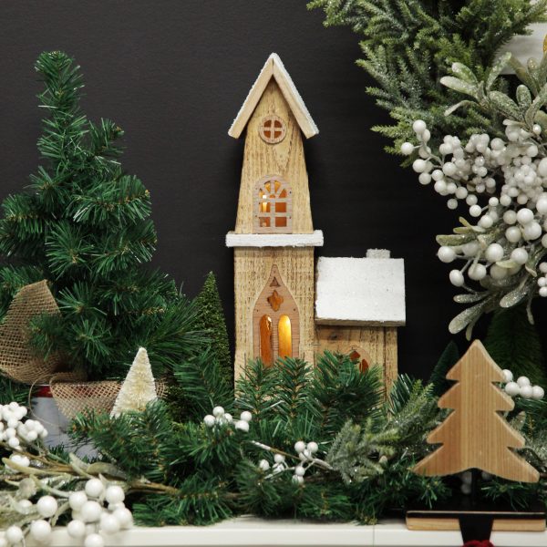Farm Fresh Christmas Mantle Wooden Light Up House with Winter Snow