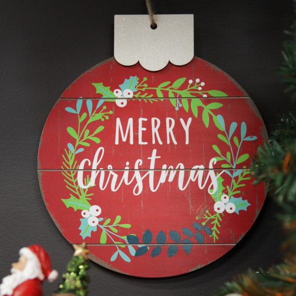 Farm Fresh Christmas Red Merry Christmas Wooden Bauble Plaque