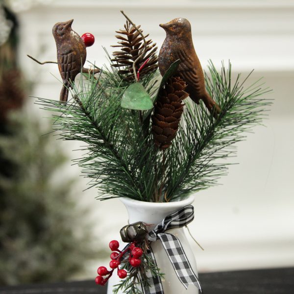 Farm Fresh Christmas Rusted Tin Bird Pinecone and Red Berry Pick