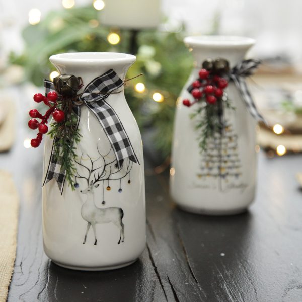 Farm Fresh Christmas White Ceramic Milk Bottle Vase with Berries with Reindeers
