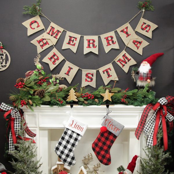 Farm Fresh Christmas Wide Room Burlap Bunting Pinecone Red Berry Mixed Leaf Garland