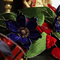 Nutcracker Christmas Blue Velvet Magnolia and Poinsettia Flower Clip with Gold