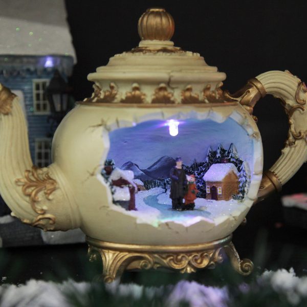 Nutcracker Christmas Lightup Musical Teapot Ornament with Winter Christmas Scene