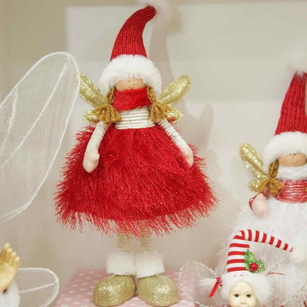 Peppermint Candy Christmas Red Dress Fabric Standing Angel and Candy Cane Christmas Fairy on Giftbox